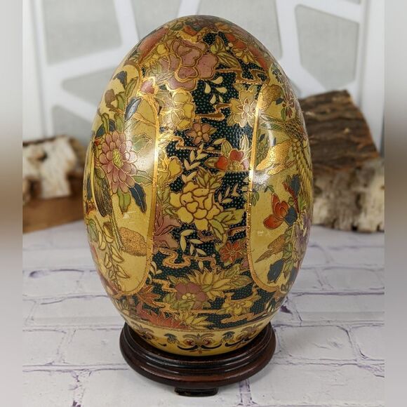 Vtg Asian Hand Painted 9" Tall Satsuma Style Egg with Stand - Picture 2 of 11